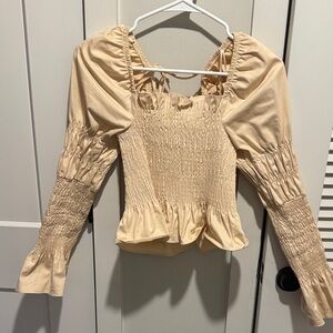 Topshop Cream Smocked Blouse with Puff Sleeves